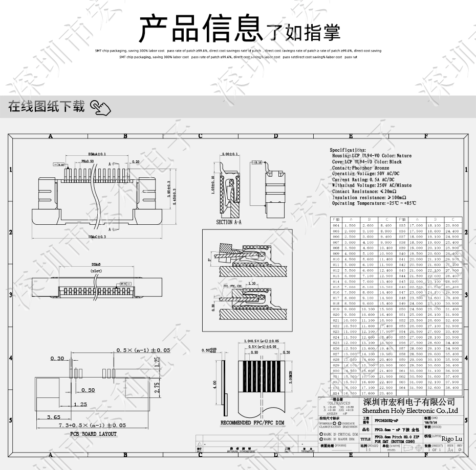 FFC/忘忧草视频大全 软排线插座 0.5mm间距-45P 下接拉锁 45Pin 抽屉式